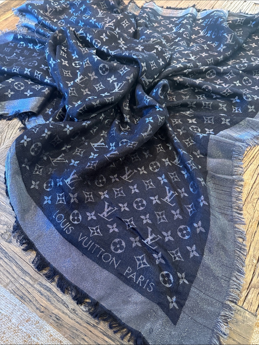 Louis Vuitton Navy Blue & Silver Monogram Silk-Blend Shine Shawl It's Reversible